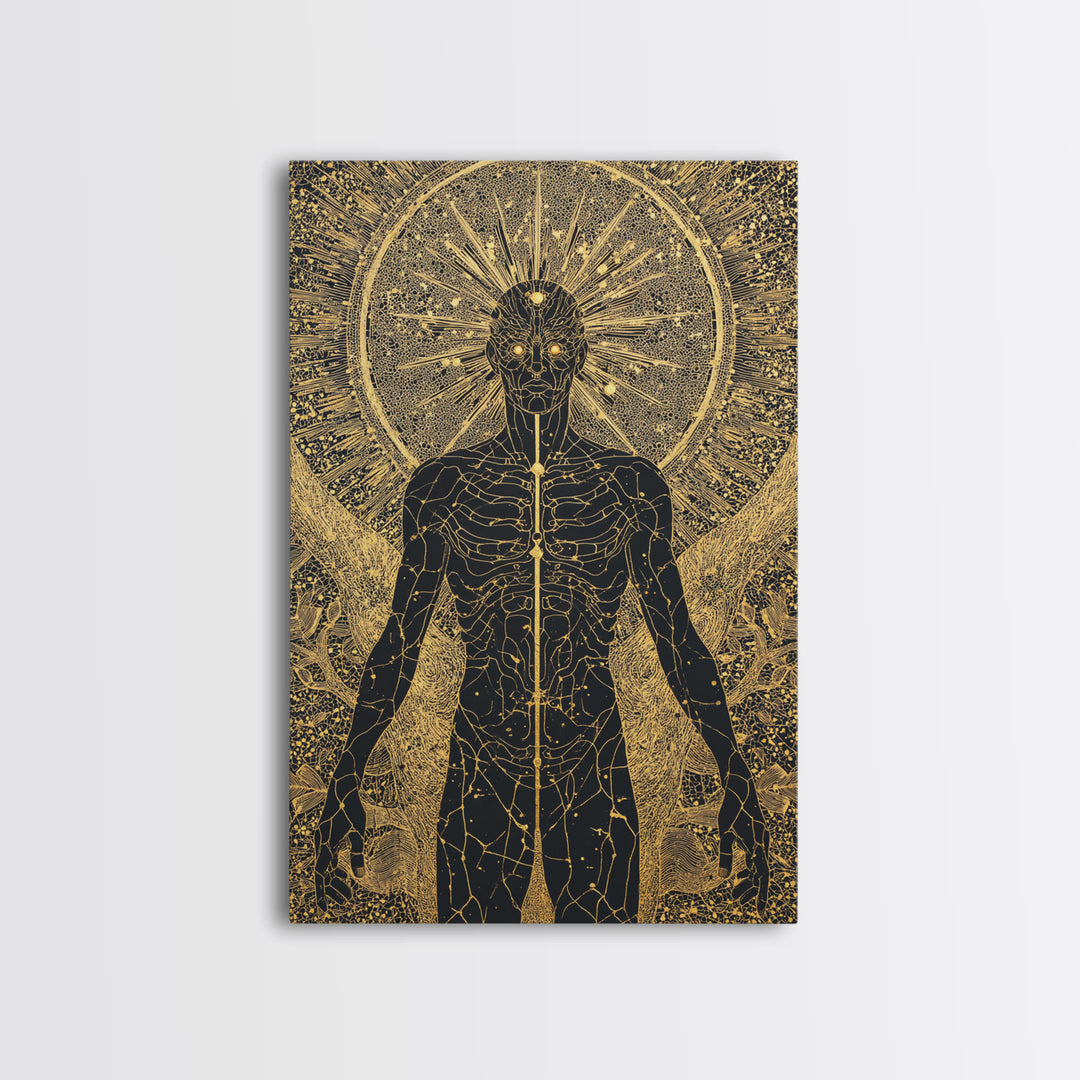 Celestial Radiance Figure, Canvas Gold Art, Mythological Cosmic Wall Print, Spiritual Decor With Real Wood Frame