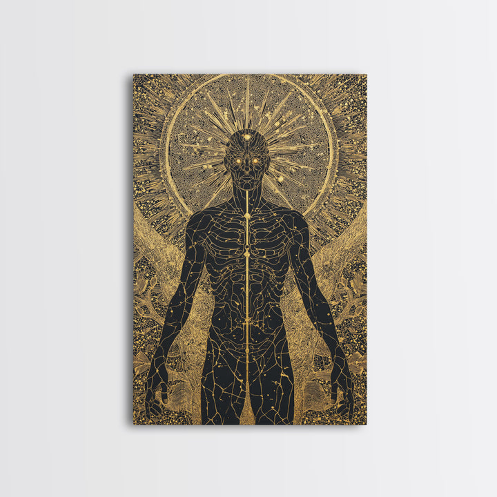 Celestial Radiance Figure, Canvas Gold Art, Mythological Cosmic Wall Print, Spiritual Decor With Real Wood Frame
