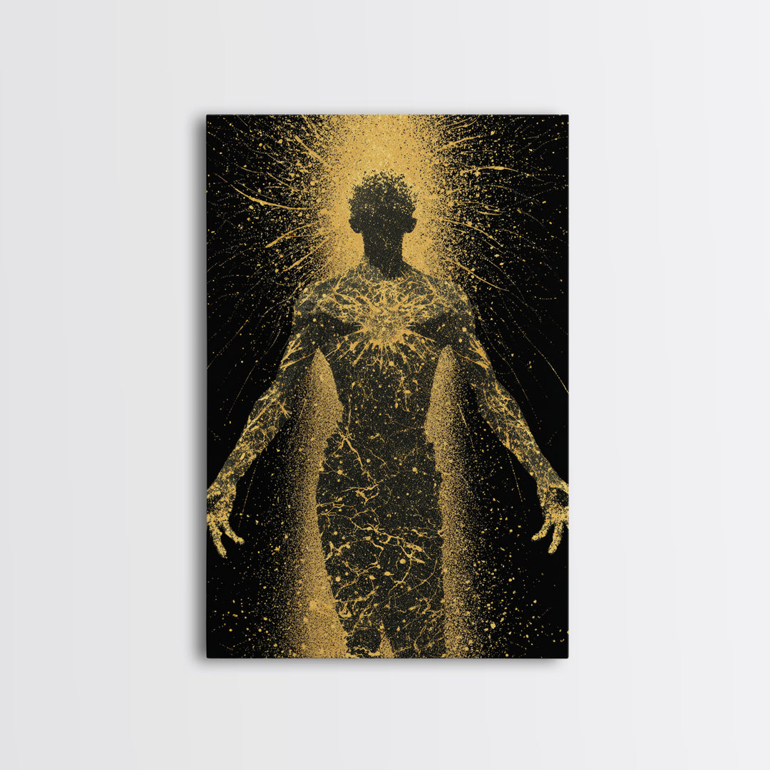 Golden Cosmic Silhouette, Canvas Gold Canvas Print, Abstract Mythology Inspired Wall Decor, Real Wood Frame