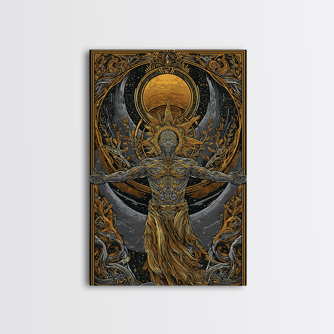 Divine Sun God Artwork, Canvas Gold Canvas Print, Mythology Inspired Celestial Wall Art, Real Wood Framed Print