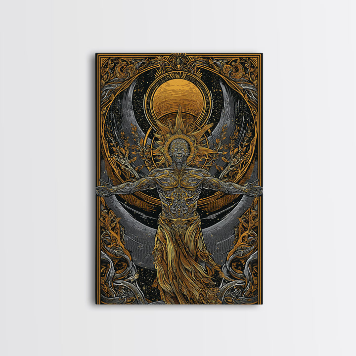 Divine Sun God Artwork, Canvas Gold Canvas Print, Mythology Inspired Celestial Wall Art, Real Wood Framed Print