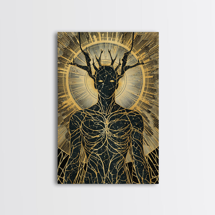 Mythic Antlered Deity, Canvas Gold Canvas Print, Cosmic Inspired Wall Art, Real Wood Frame For Elegant Decor