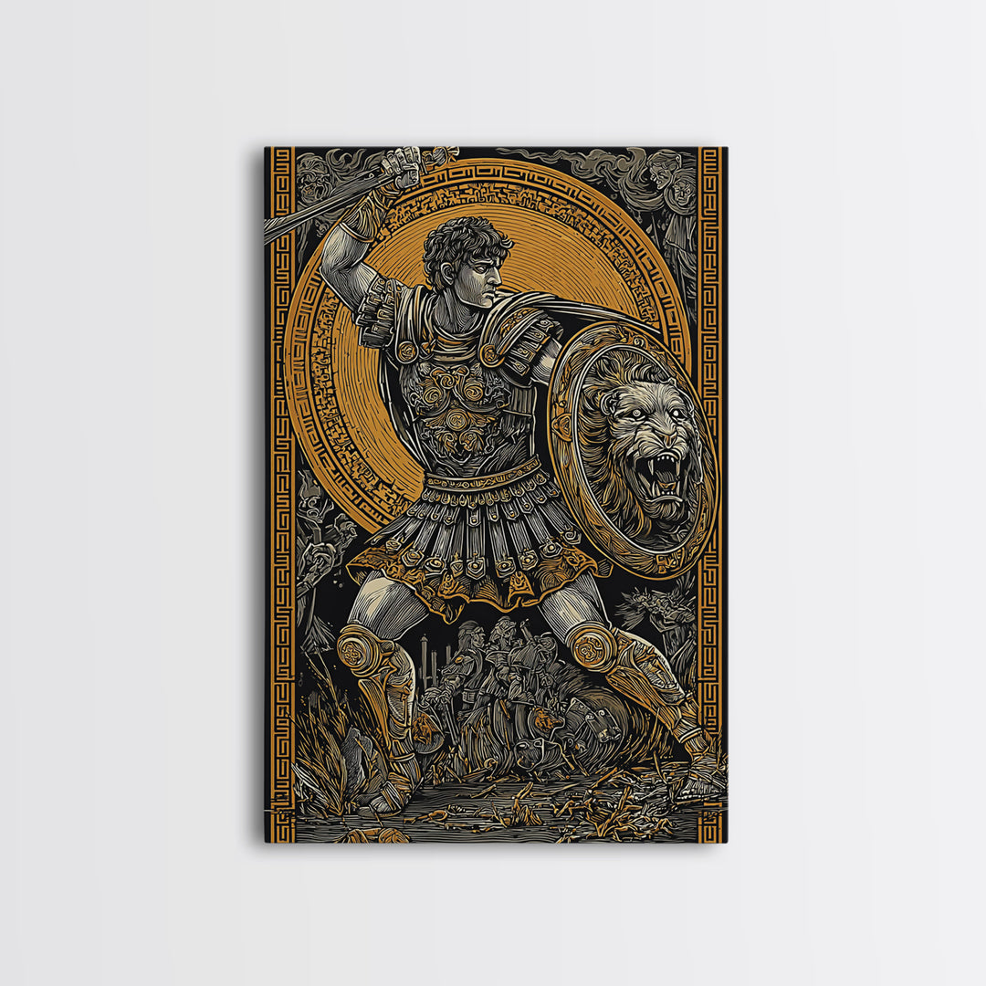 Warrior In Battle Scene, Canvas Gold Canvas Print, Ancient Mythology Inspired Wall Artwork, Real Wood Frame