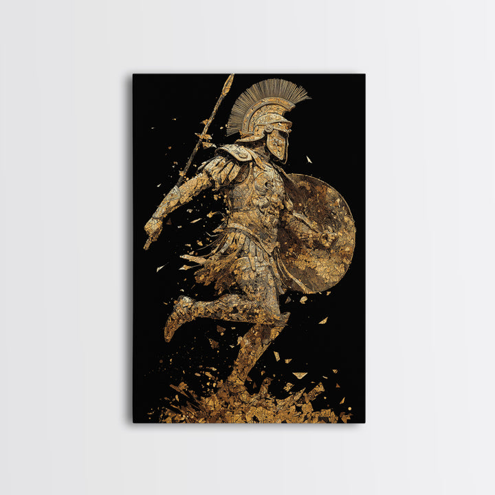 Shattered Roman Soldier, Canvas Gold Canvas Print, Mythology Inspired Warrior Wall Art, Real Wood Framed Print