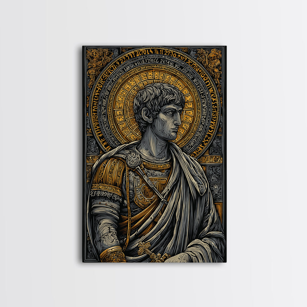 Emperor Portrait Artwork, Canvas Gold Canvas Print, Classical Roman Inspired Wall Decor, Real Wood Frame