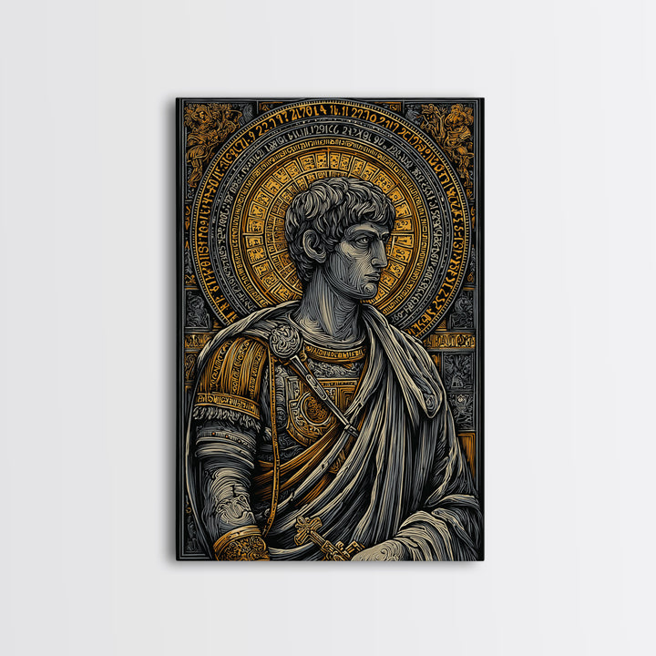 Emperor Portrait Artwork, Canvas Gold Canvas Print, Classical Roman Inspired Wall Decor, Real Wood Frame