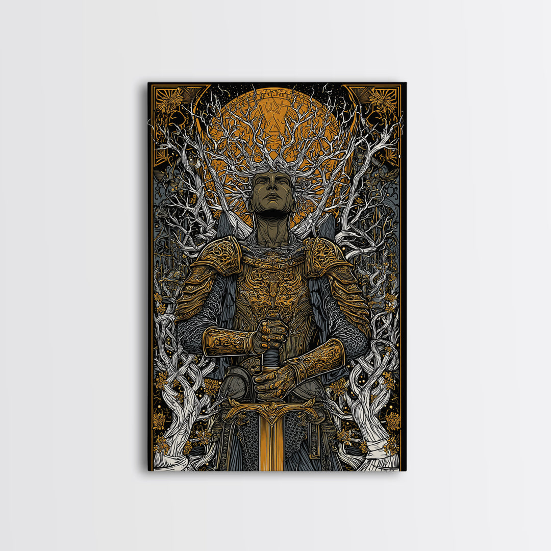 Mythic Guardian With Sword, Canvas Gold Art, Fantasy Inspired Warrior Wall Print, Real Wood Framed Wall Decor
