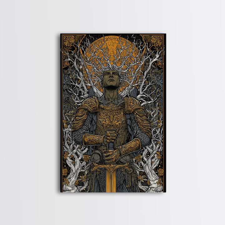 Mythic Guardian With Sword, Canvas Gold Art, Fantasy Inspired Warrior Wall Print, Real Wood Framed Wall Decor