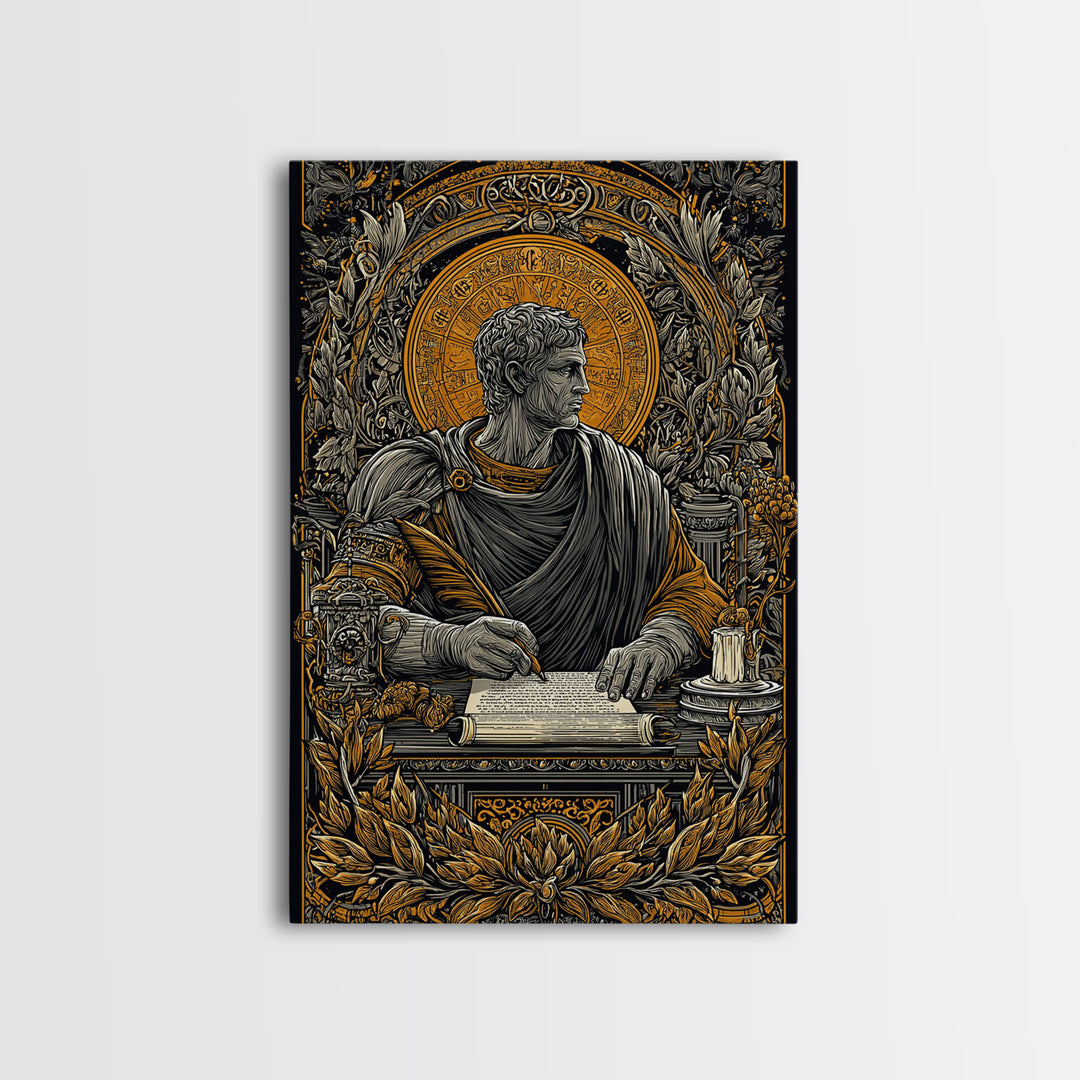 Roman Writer Canvas Gold Canvas Print, Ancient Scholar Wall Art, Mythology Decor, Luxury Canvas Artwork, Real Wood Frame