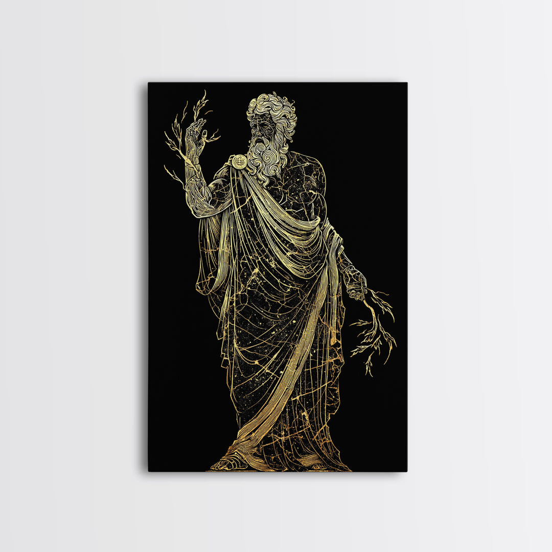 Greek God Canvas Gold Art, Zeus Mythology Wall Print, Lightning Power Decor, Luxury Canvas Artwork, Real Wood Frame