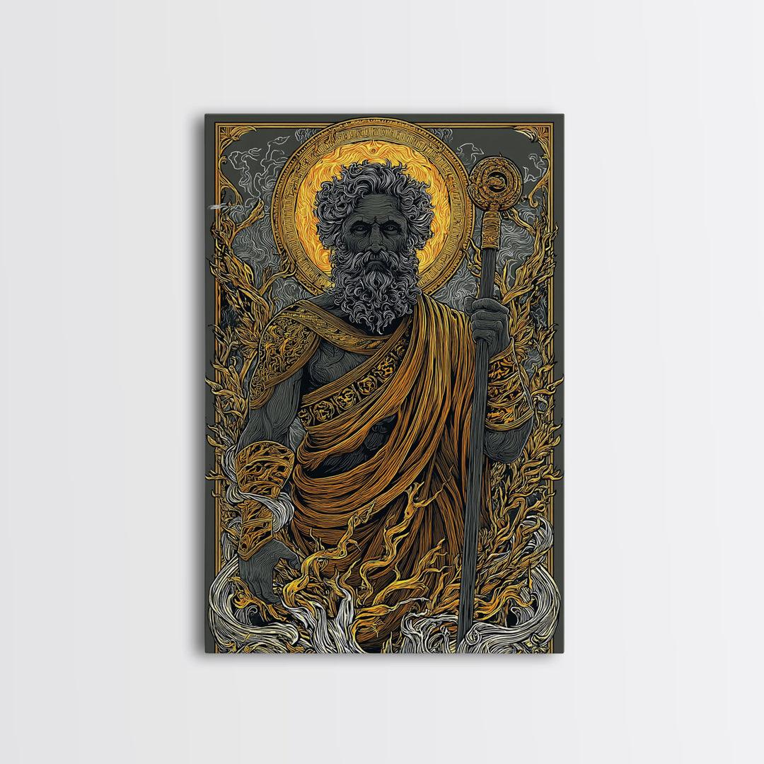 Mythical Elder Canvas Gold Art, Eternal Wisdom Wall Print, Ancient Greek God Decor, Luxury Canvas Artwork, Real Wood Frame