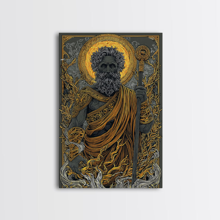 Mythical Elder Canvas Gold Art, Eternal Wisdom Wall Print, Ancient Greek God Decor, Luxury Canvas Artwork, Real Wood Frame