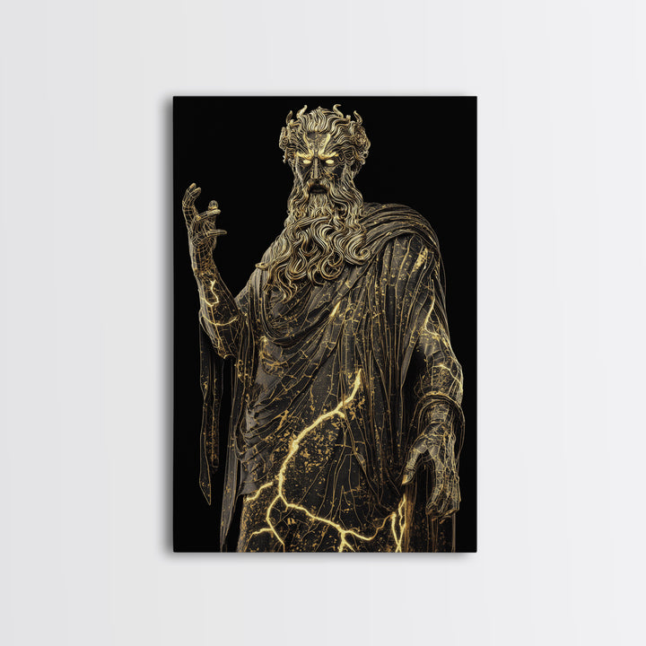 Thunder God Canvas Gold Canvas Print, Zeus Mythology Wall Art, Lightning Power Decor, Luxury Classical Artwork, Real Wood Frame