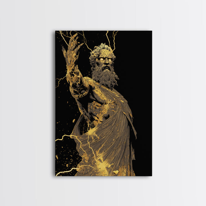 Heavenly Ruler Canvas Gold Canvas Print, Zeus Divine Wall Art, Lightning God Decor, Luxury Mythology Artwork, Real Wood Frame