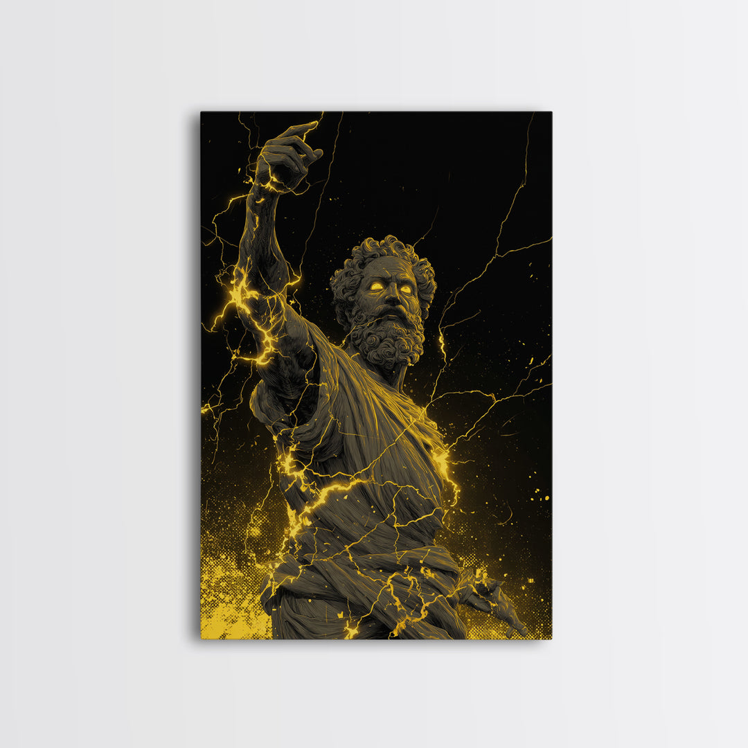 Lightning God Canvas Gold Art, Powerful Zeus Wall Print, Mythology Inspired Decor, Ancient Greek Canvas Artwork, Real Wood Frame