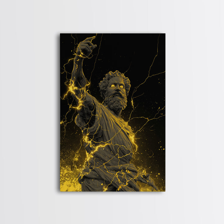 Lightning God Canvas Gold Art, Powerful Zeus Wall Print, Mythology Inspired Decor, Ancient Greek Canvas Artwork, Real Wood Frame