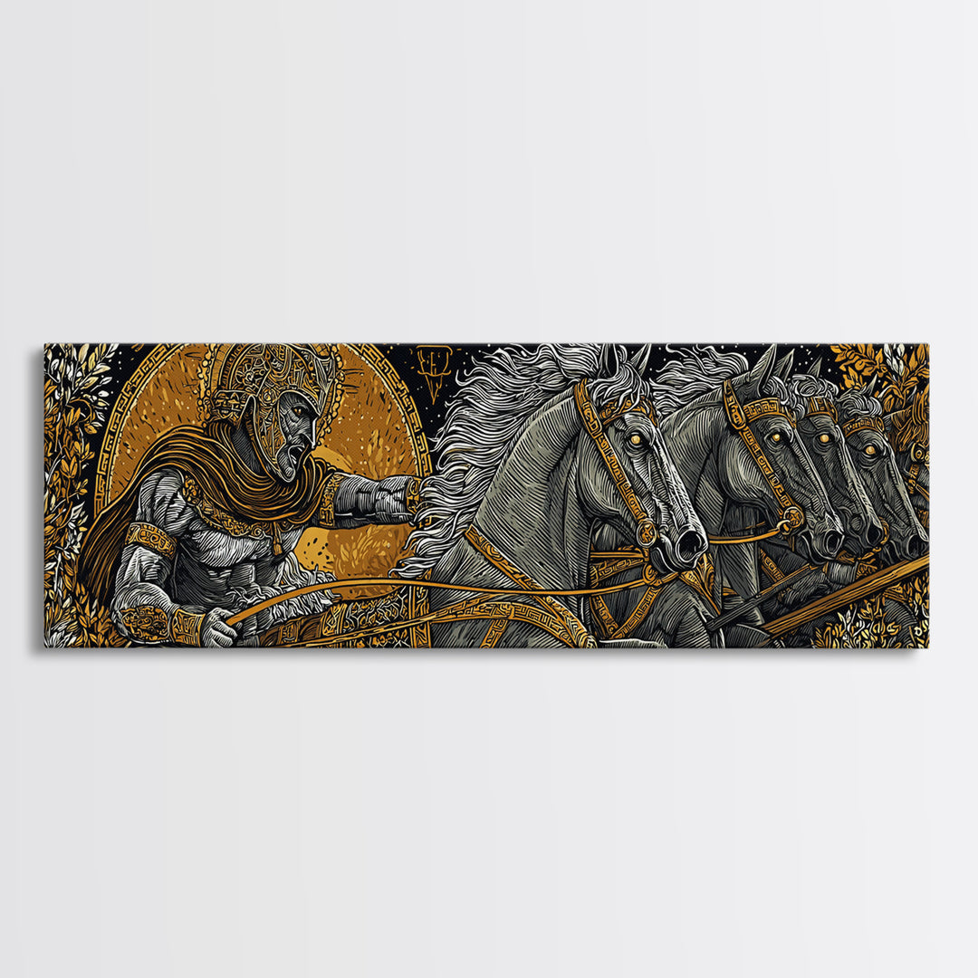 Heroic Greek Warrior With Horses, Ancient Mythology Wall Decor, Gold Canvas Print, Real Wood Frame