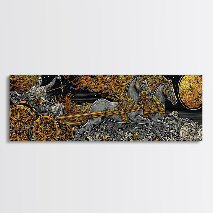 Sun God Chariot, Mythological Horses And Flames Wall Decor, Gold Canvas Print, Real Wood Framed Art