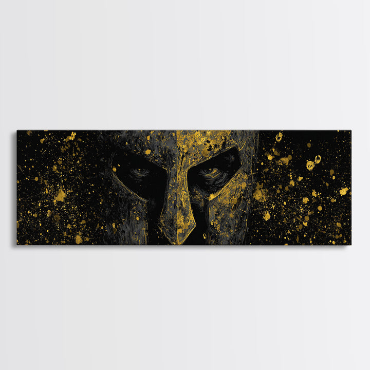 Greek Warrior Face Detail, Spartan Helmet Mythology Decorative Artwork, Gold Canvas Print, Real Wood Frame Ancient Wall Decor