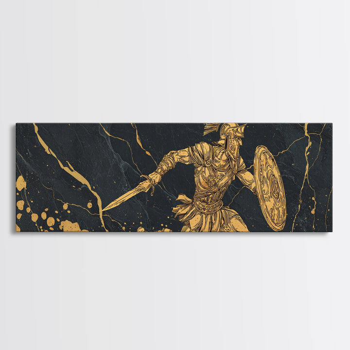 Spartan Warrior With Sword And Shield, Ancient Greek Mythology Wall Decor, Gold Canvas Print, Real Wood Frame