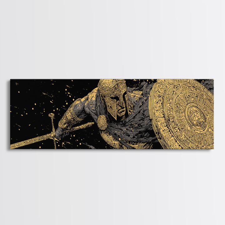 Ornate Spartan Warrior With Shield And Sword, Ancient Battle Scene Artwork, Gold Canvas Print, Real Wood Frame