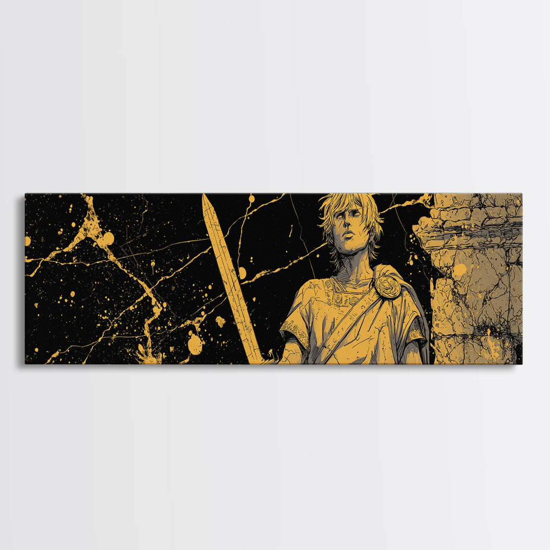 Heroic Young Greek Warrior Standing Tall, Classical Mythology Decorative Wall Art, Gold Canvas Print, Real Wood Frame