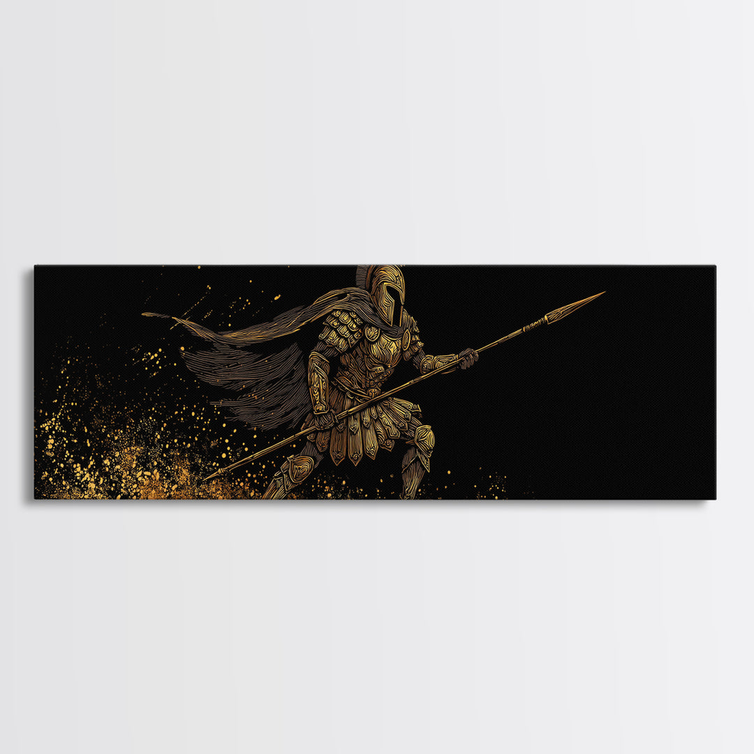 Spartan Warrior With Flowing Cape And Spear, Ancient Greek Mythology Decor, Gold Canvas Print, Real Wood Frame
