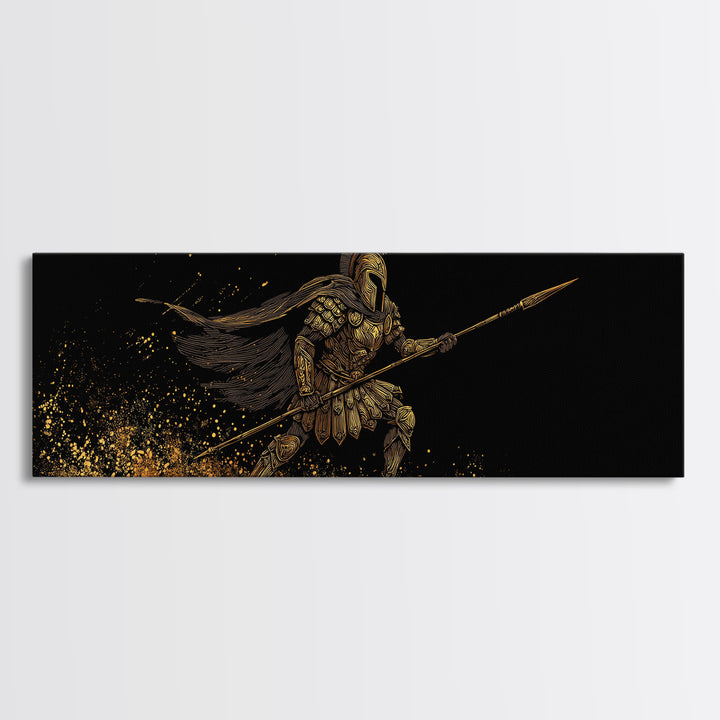 Spartan Warrior With Flowing Cape And Spear, Ancient Greek Mythology Decor, Gold Canvas Print, Real Wood Frame