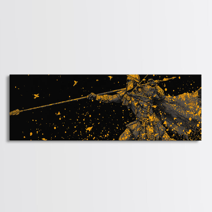 Greek Warrior Throwing Spear In Battle, Ancient Spartan Hero Wall Art, Gold Canvas Print, Real Wood Frame