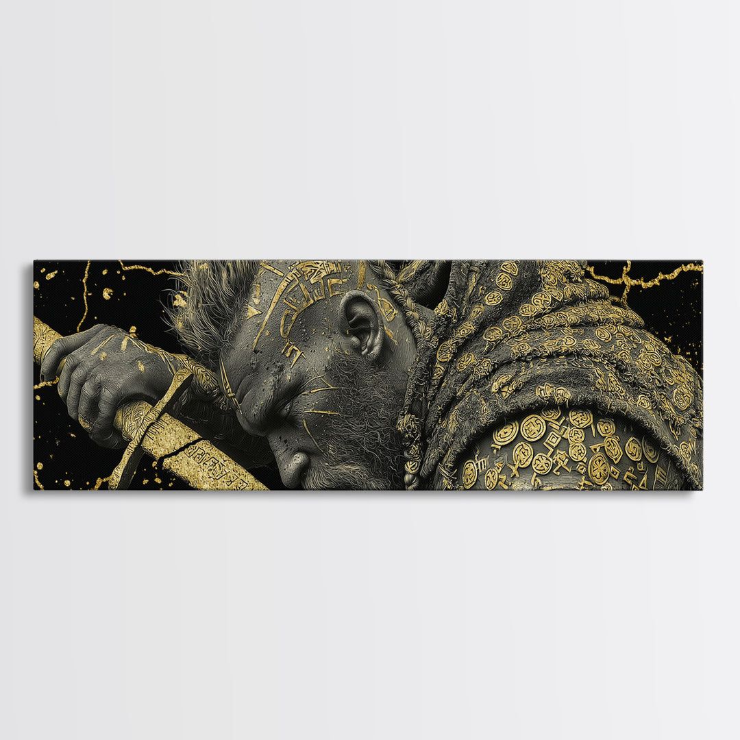 Viking Warrior With Sword And Runes, Mythological Hero Artwork, Gold Canvas Print, Real Wood Frame