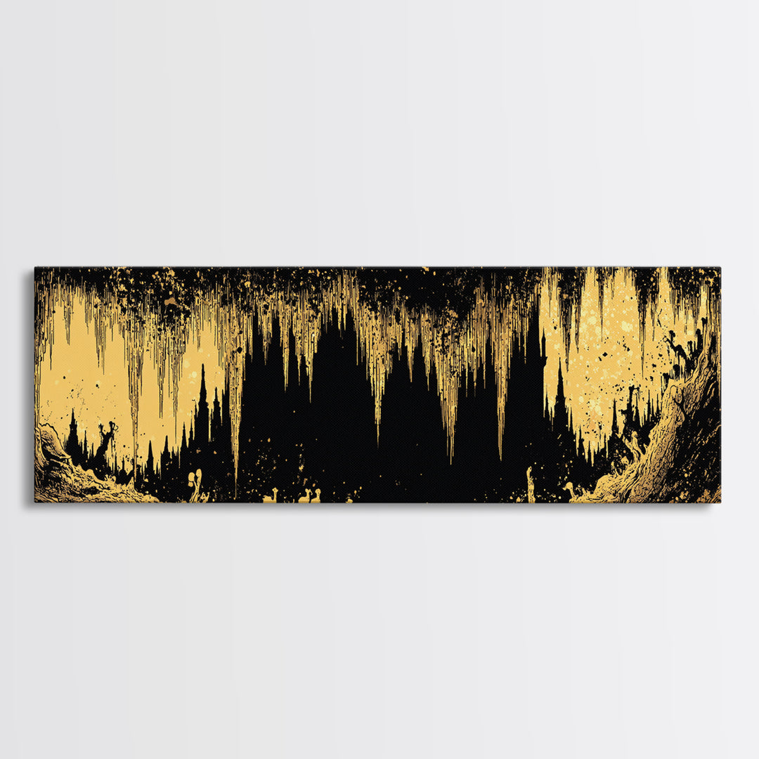 Golden Cave With Stalactites And Figures, Mythological Decorative Wall Art, Gold Canvas Print, Real Wood Frame