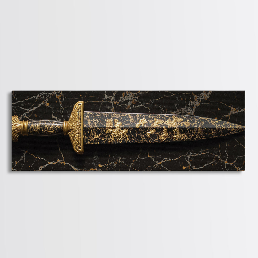 Ancient Greek Sword Engraved With Mythology, Decorative Heroic Weapon Artwork, Gold Canvas Print, Real Wood Frame