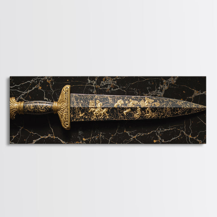 Ancient Greek Sword Engraved With Mythology, Decorative Heroic Weapon Artwork, Gold Canvas Print, Real Wood Frame