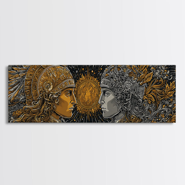 Warrior Gods Face To Face, Ancient Mythological Helmet Artwork, Gold Canvas Print, Real Wood Frame Wall Art