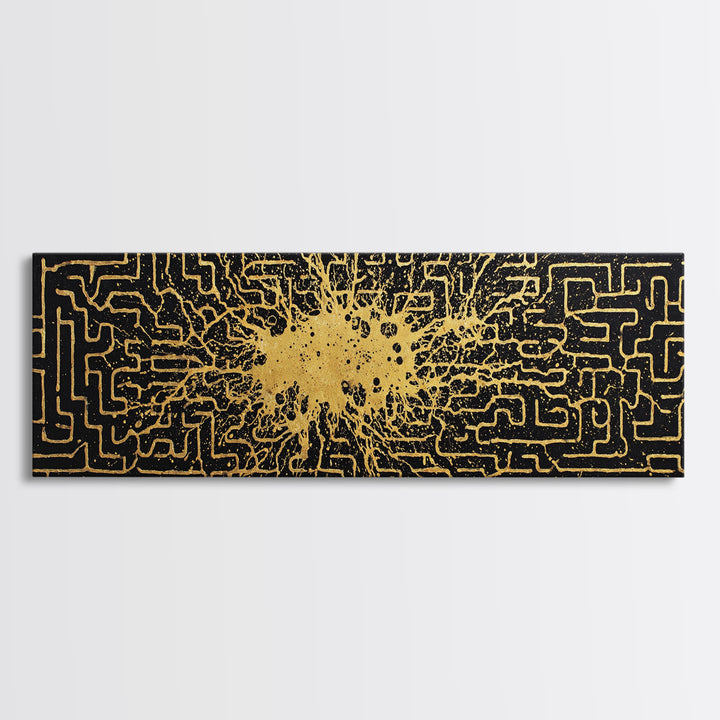 Intricate Labyrinth Pattern Artwork, Mythological Maze Wall Decor, Gold Canvas Print, Real Wood Frame