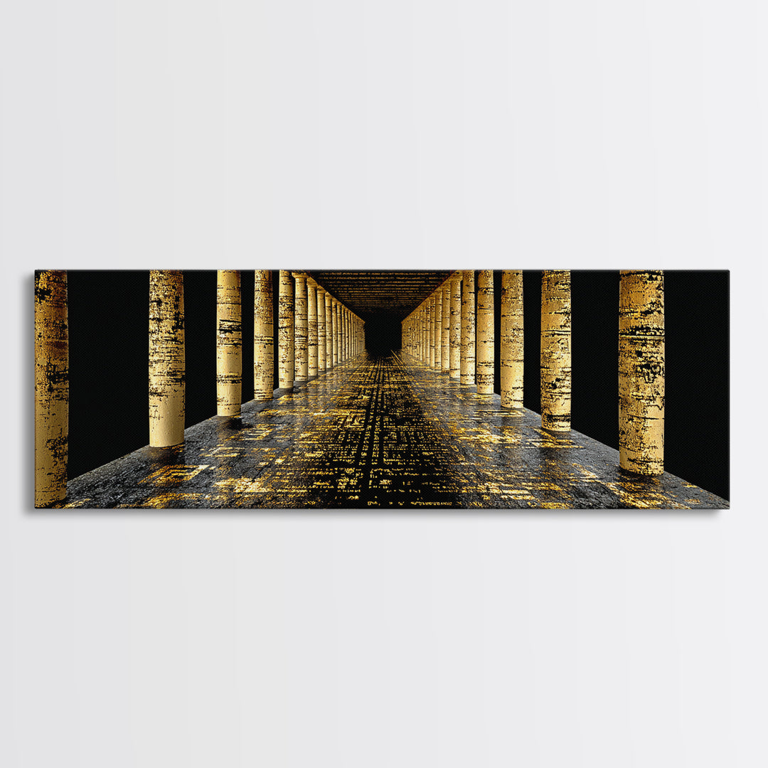 Endless Golden Pillars Corridor, Ancient Greek Architecture Gold Canvas Print, Mythology Wall Art, Real Wood Frame