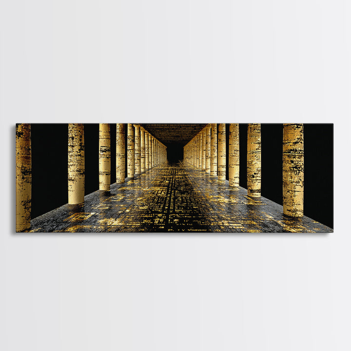Endless Golden Pillars Corridor, Ancient Greek Architecture Gold Canvas Print, Mythology Wall Art, Real Wood Frame