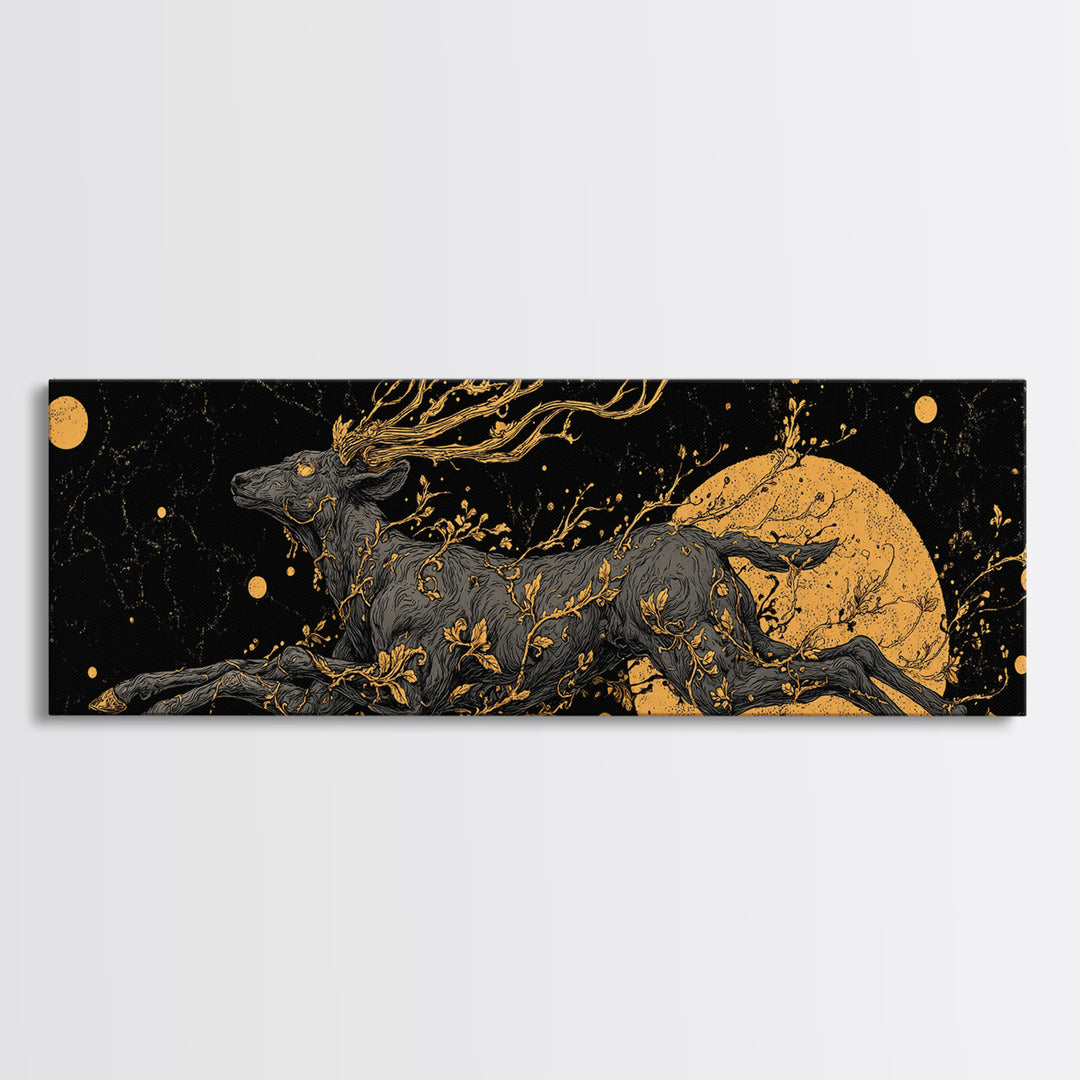 Mythical Stag Running Through Stars, Celestial Deer Artwork, Gold Canvas Print, Real Wood Frame Mythology Art