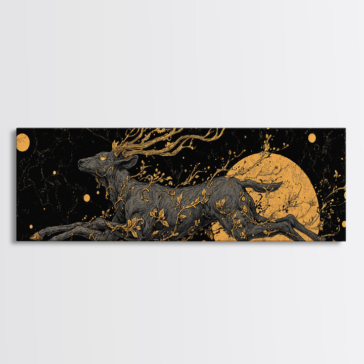 Mythical Stag Running Through Stars, Celestial Deer Artwork, Gold Canvas Print, Real Wood Frame Mythology Art