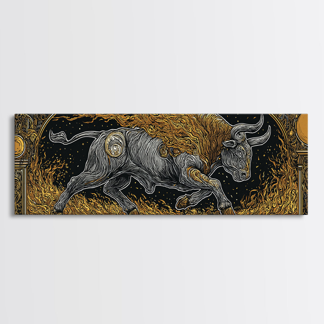 Fiery Bull Of Mythology, Charging Beast Symbol Of Strength, Gold Canvas Print, Real Wood Frame Wall Artwork