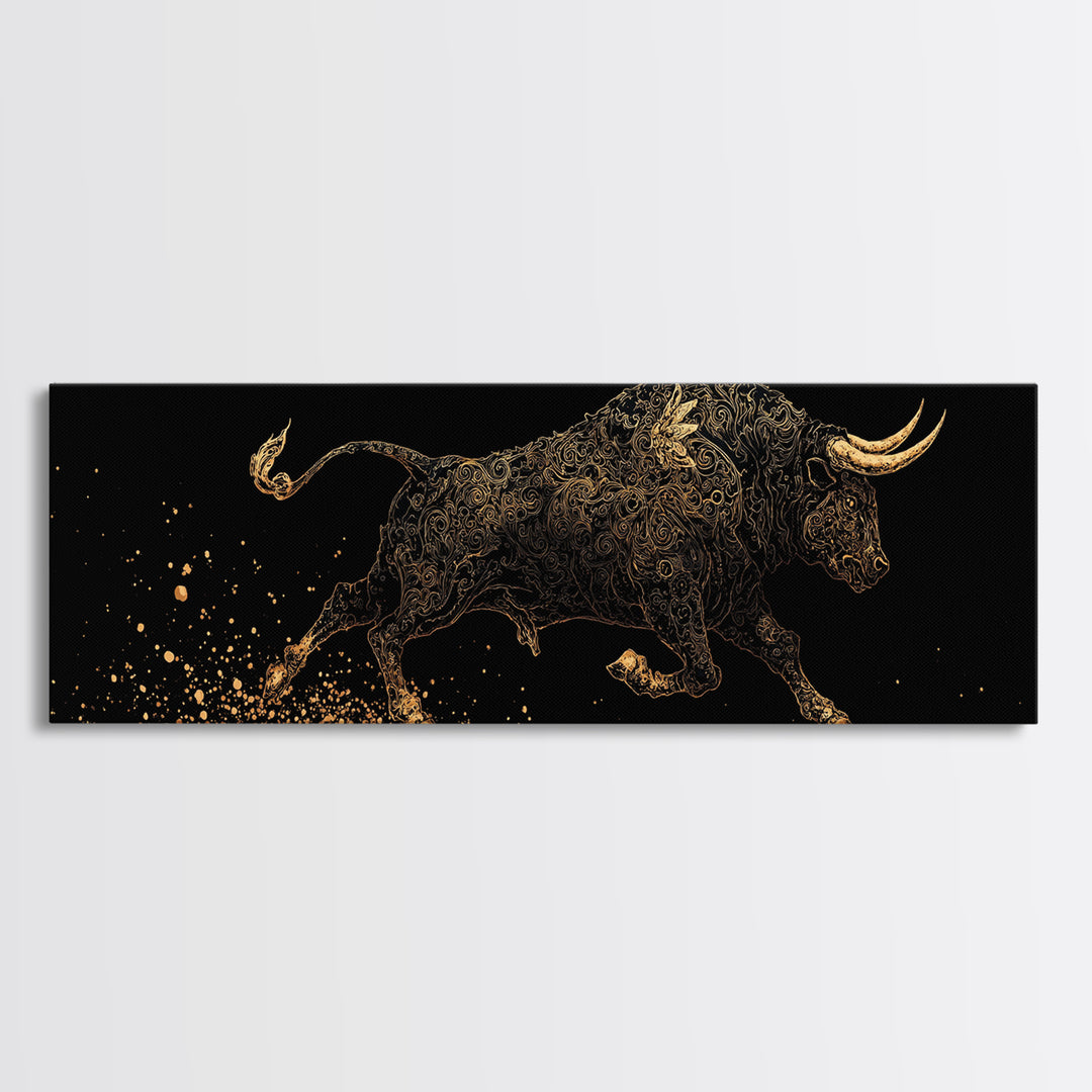 Ornamental Bull In Motion, Intricate Mythological Strength Symbol, Gold Canvas Print, Real Wood Frame Wall Art