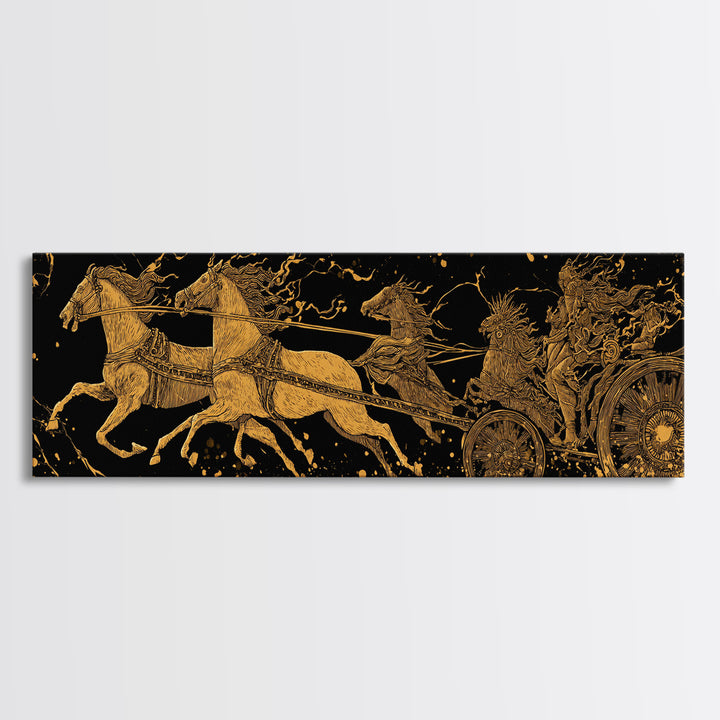 Ancient Chariot Battle Scene, Mythical Horses And Warrior Artwork, Gold Canvas Print, Real Wood Frame Wall Decor
