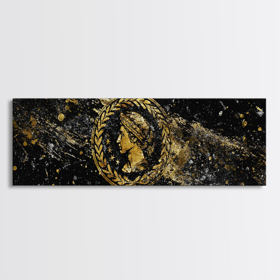 Roman Coin Inspired Portrait, Classical Ancient Empire Wall Artwork, Gold Canvas Print, Real Wood Frame Art