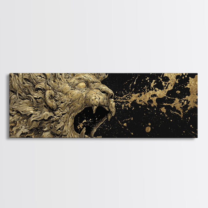 Roaring Lion Of Mythology, Fierce King Of Beasts Ancient Artwork, Gold Canvas Print, Real Wood Frame Wall Decor