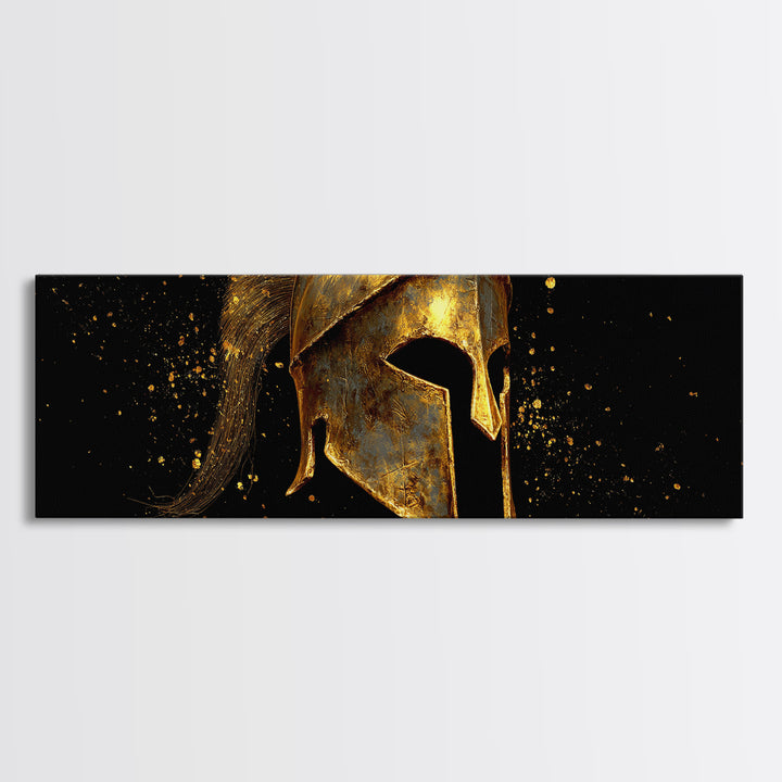 Spartan Warrior Helmet, Ancient Greek Armor Mythological Artwork, Gold Canvas Print, Real Wood Frame Wall Art