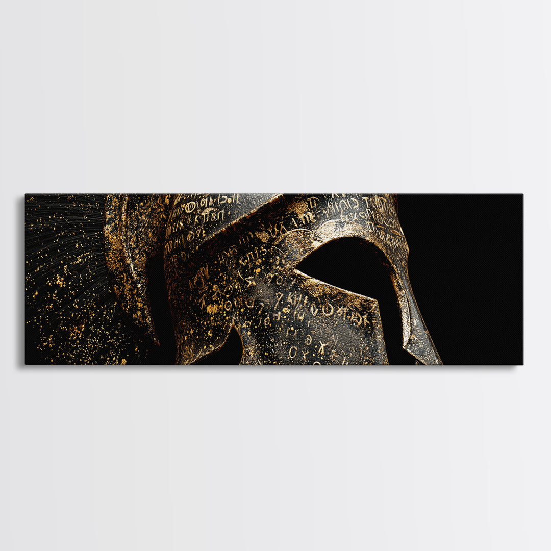 Spartan Helmet Close Up, Ancient Greek Warrior Armor Wall Decor, Gold Canvas Print, Real Wood Frame