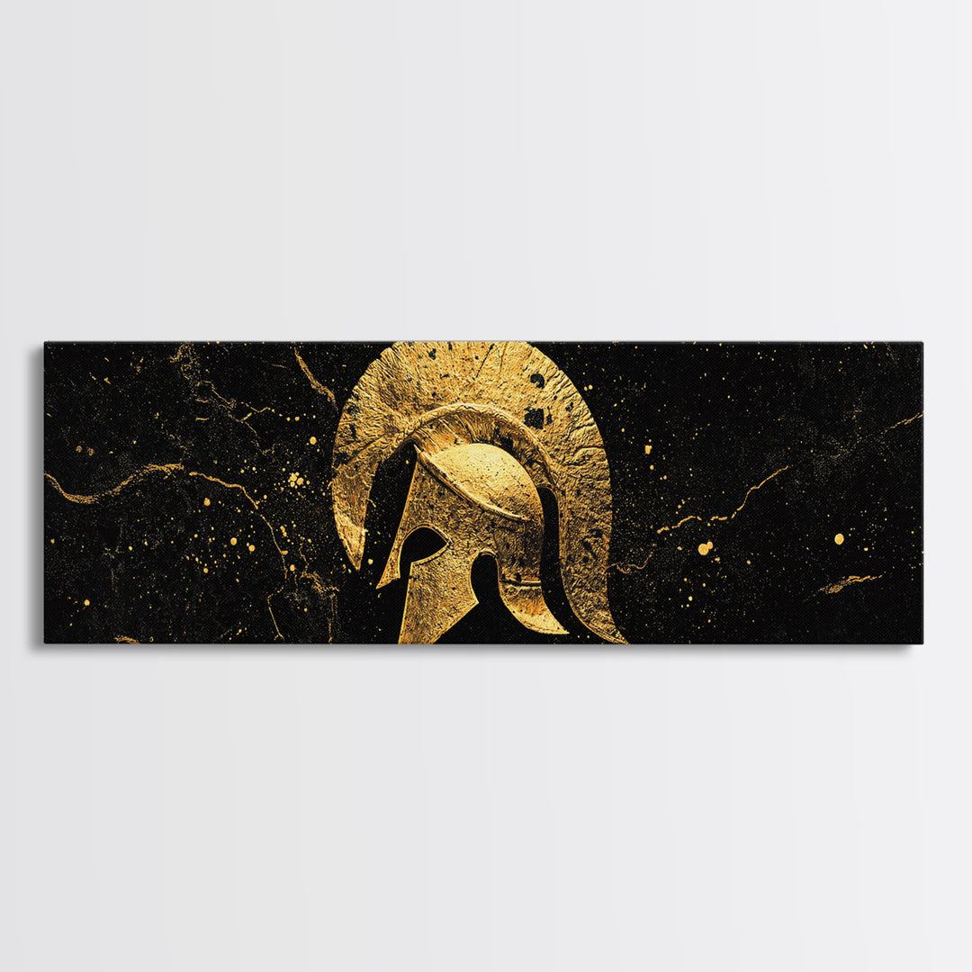 Greek Hoplite Helmet, Ancient Warrior Armor Symbol Wall Artwork, Gold Canvas Print, Real Wood Frame Wall Decor