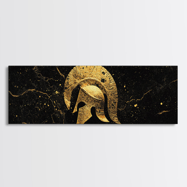 Greek Hoplite Helmet, Ancient Warrior Armor Symbol Wall Artwork, Gold Canvas Print, Real Wood Frame Wall Decor