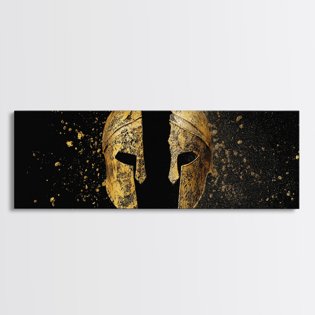 Ancient Spartan Helmet Split Design, Warrior Armor Mythology Artwork, Gold Canvas Print, Real Wood Frame Wall Decor