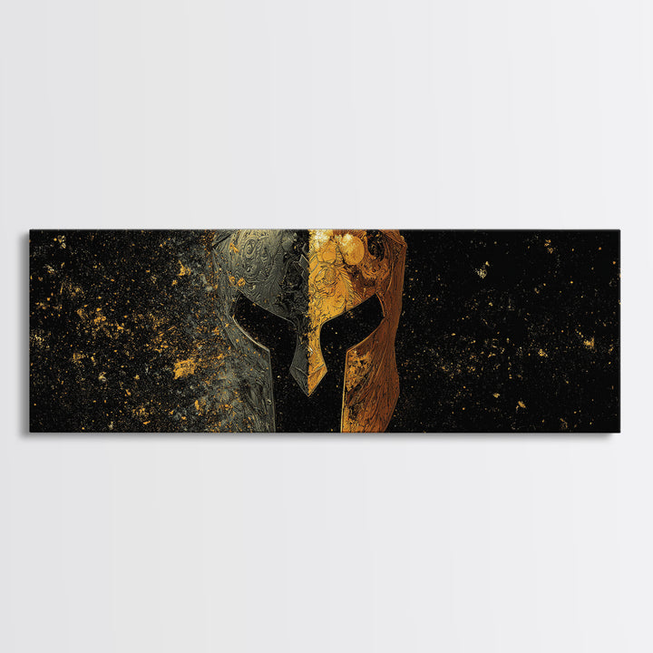 Half Face Spartan Helmet, Ornate Warrior Armor Greek Mythology Artwork, Gold Canvas Print, Real Wood Frame Wall Art